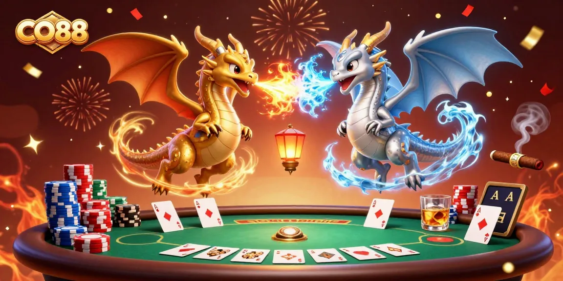 Experience CO88's thrilling atmosphere with dynamic dragons and vibrant poker elements in this rich illustration.