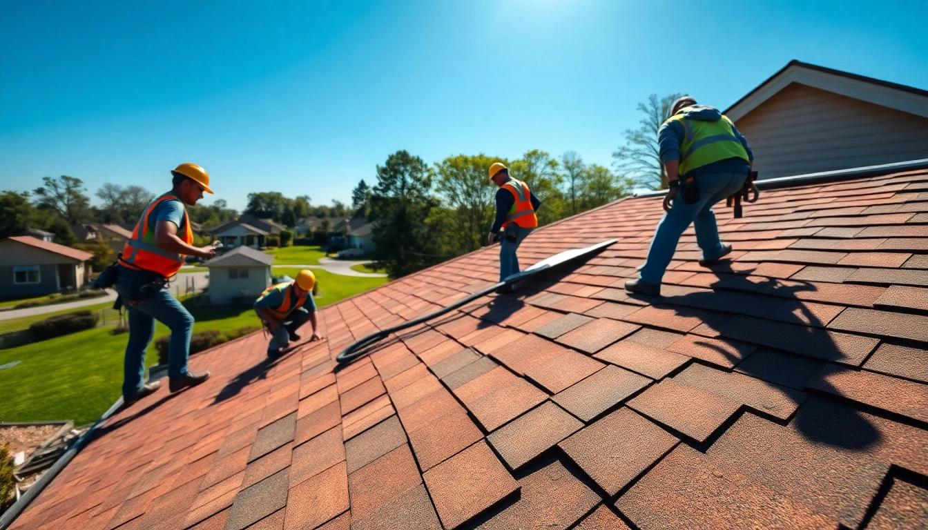 Roofing company team installing shingles on a residential building.