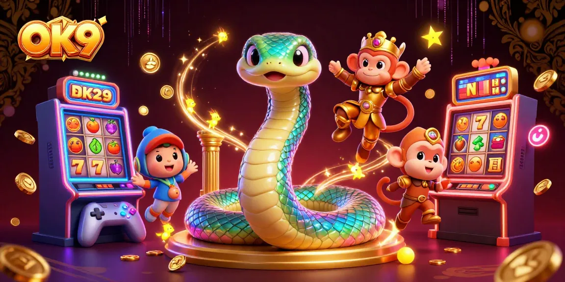 Experience luck and excitement with OK9 in this vibrant casino scene filled with dynamic gaming elements.