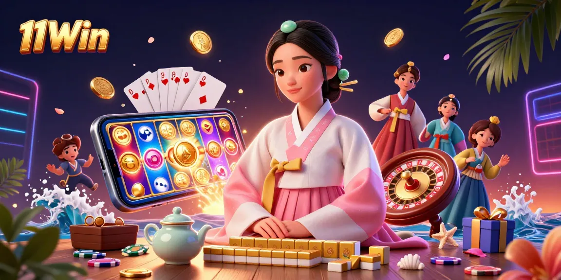 Experience the thrill of 11Win with vibrant slots and casino games in this stunning 3D illustration.