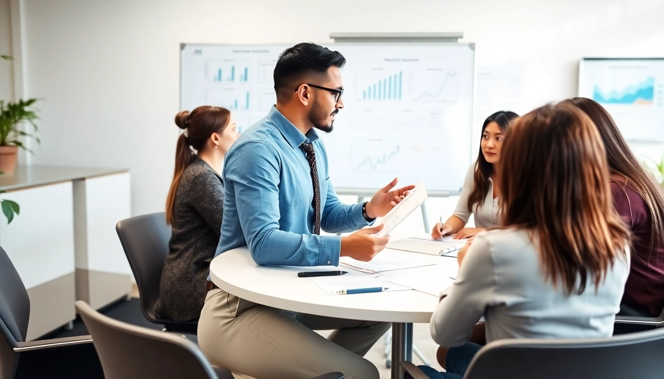 Consultant highlighting grants opportunities during a client meeting in a modern office.