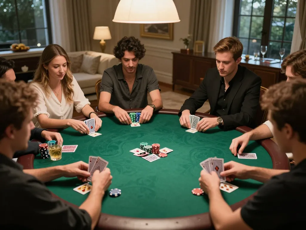 ONE88 poker game showcasing players in an intimate home setting with dynamic action