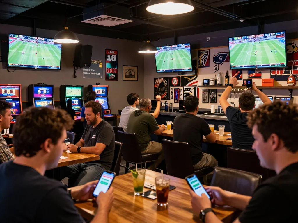 Fans cheering while using 86bet app for live sports betting in a dynamic lounge