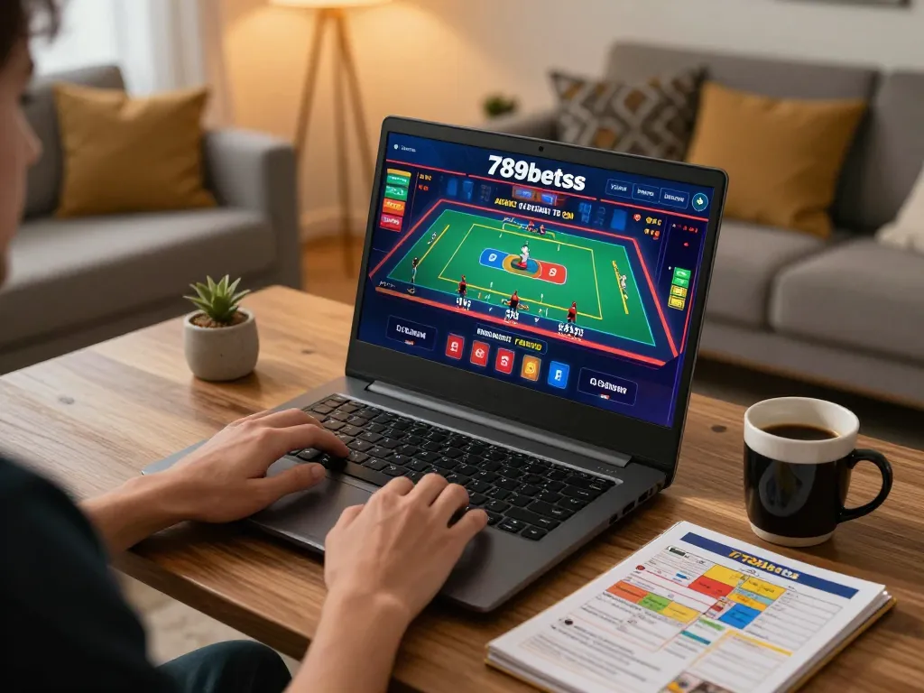 Player enjoying 789betss with a laptop in stylish home setup, showcasing online casino excitement.
