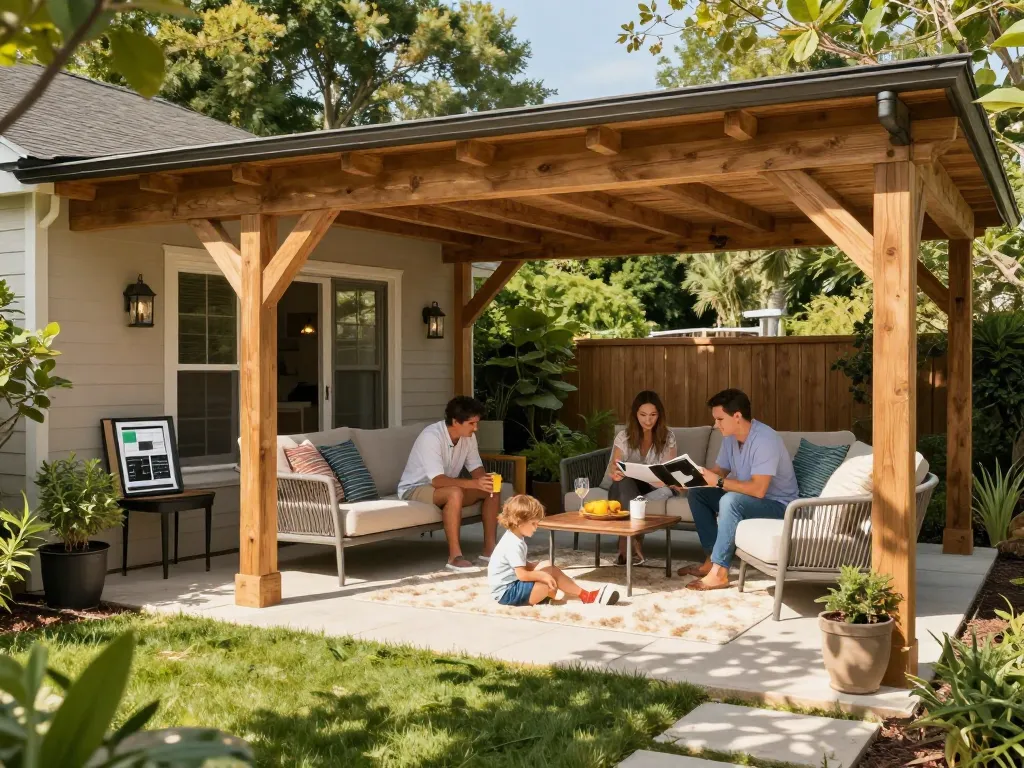 Veranda configurator showcasing a customized outdoor living space with family enjoying the design experience.