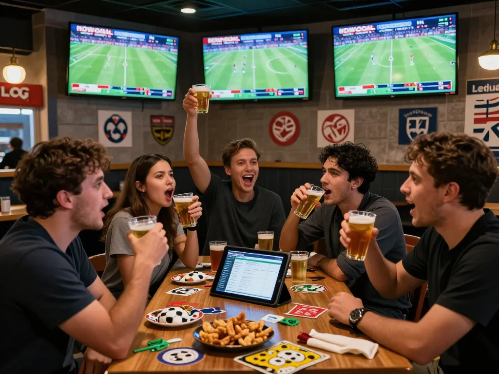 Fans celebrating live football scores on NOWGOAL in a vibrant sports bar atmosphere.