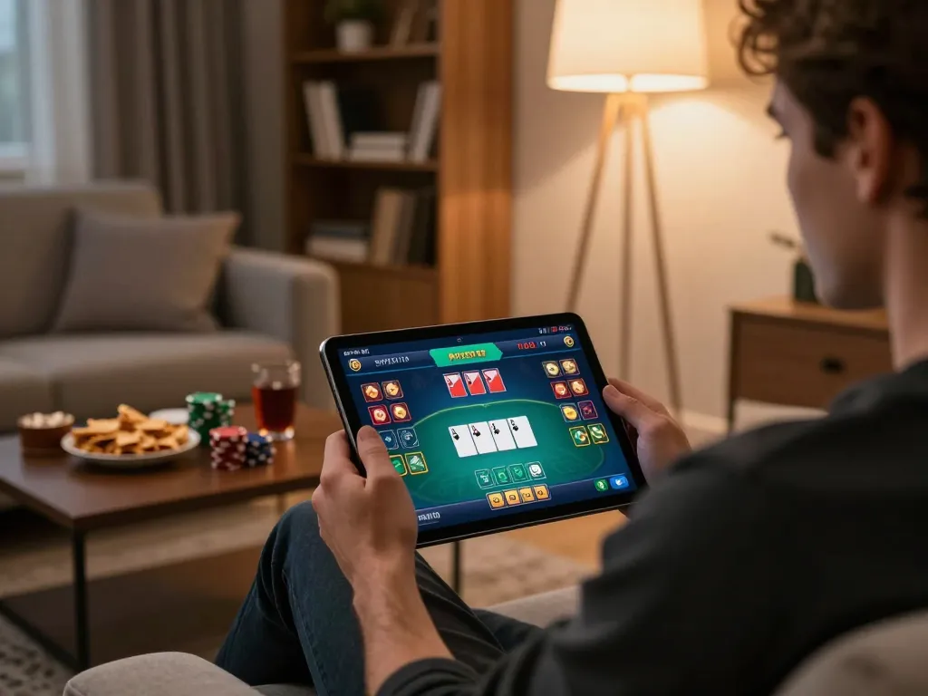 X88 player engaging in an intense poker game on tablet while seated at home.