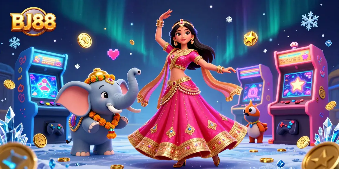 BJ88 casino illustration showcasing vibrant gameplay with stunning characters and gold elements.