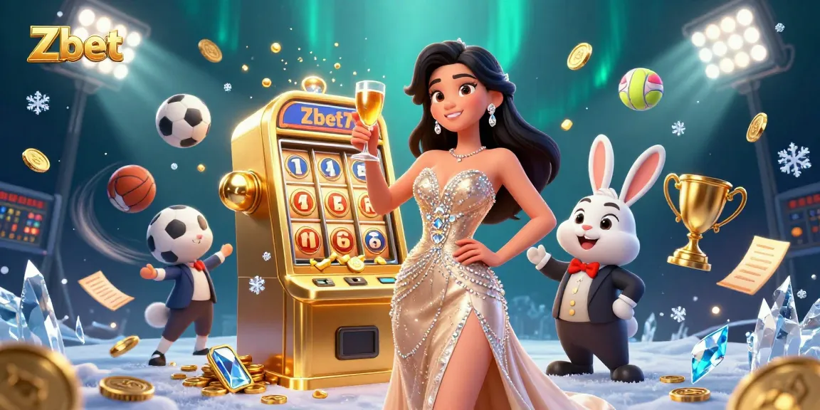 Zbet showcases a glamorous casino scene with a golden slot machine, sports elements, and vibrant visuals.