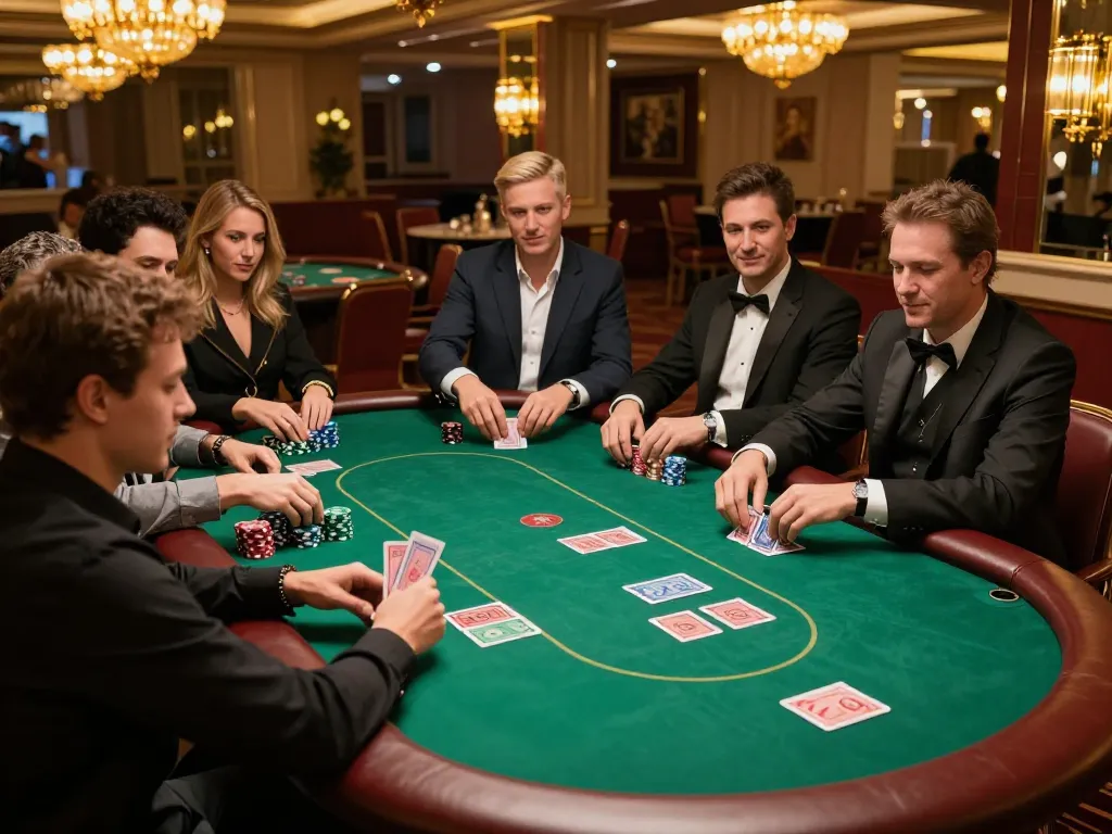 Players engaged in a thrilling poker match at an upscale casino table, showcasing strategies at ok 8386.