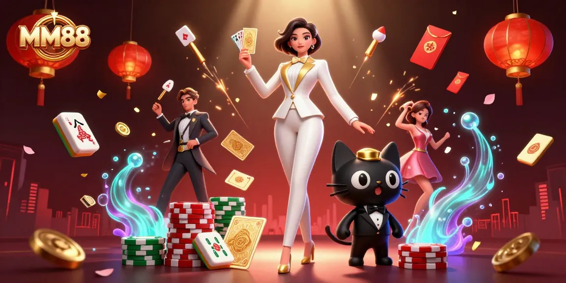Experience thrilling MM88 gaming with a glamorous woman and charming cat in a vibrant casino scene.