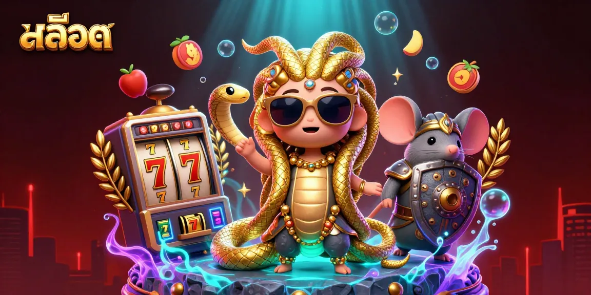 Experience thrilling สล็อต gaming with a charming Medusa and a heroic mouse in this vibrant 3D illustration.