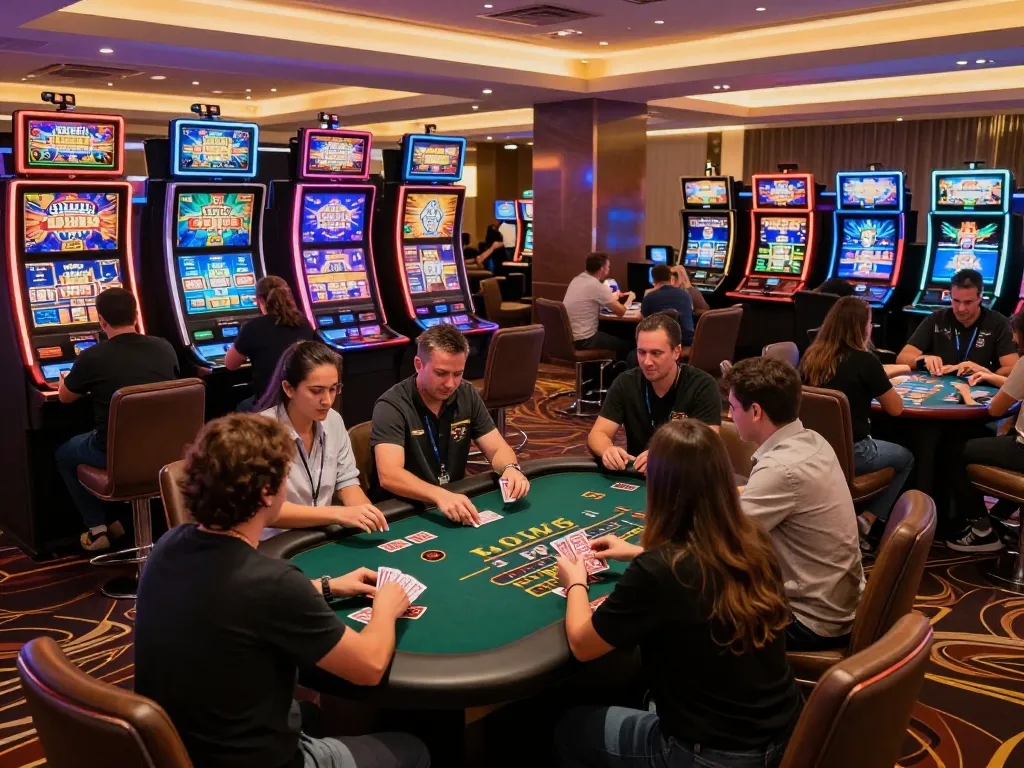 Engaging gameplay at MK8 casino with players around slot machines, showcasing excitement and vibrant lighting.