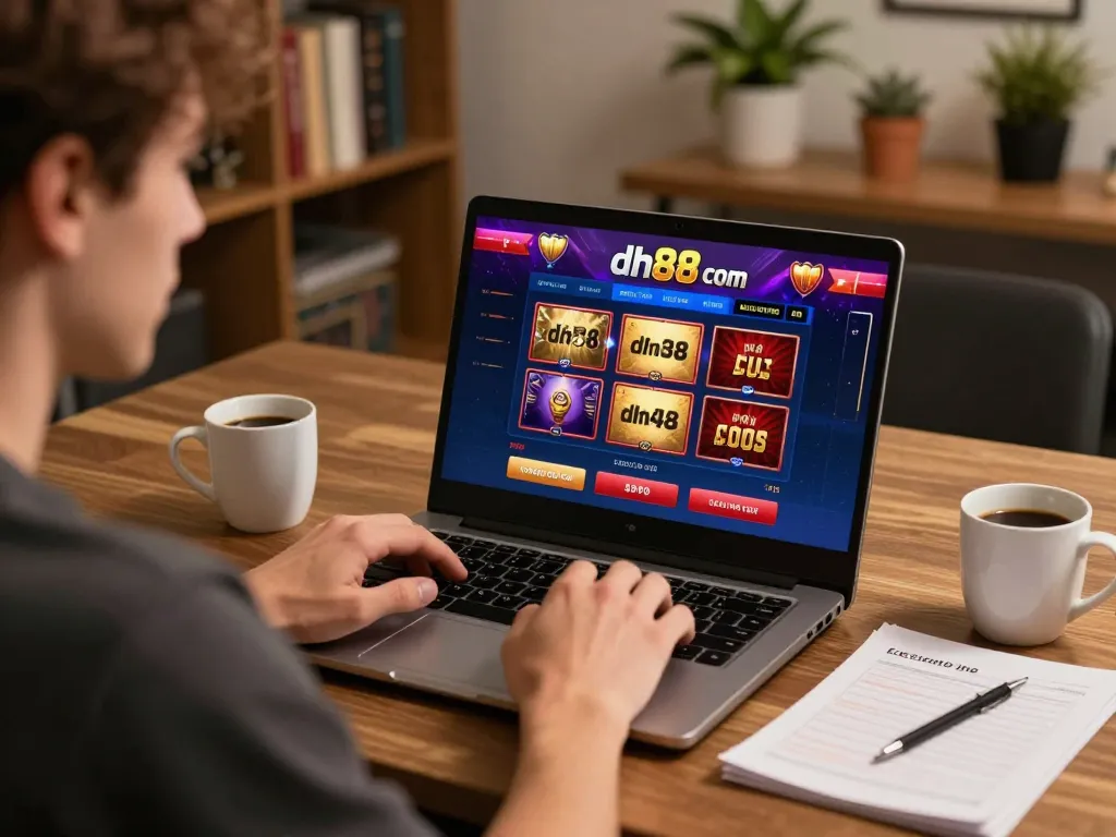 Engaged player using dh88 com online casino app on laptop for strategic gameplay.