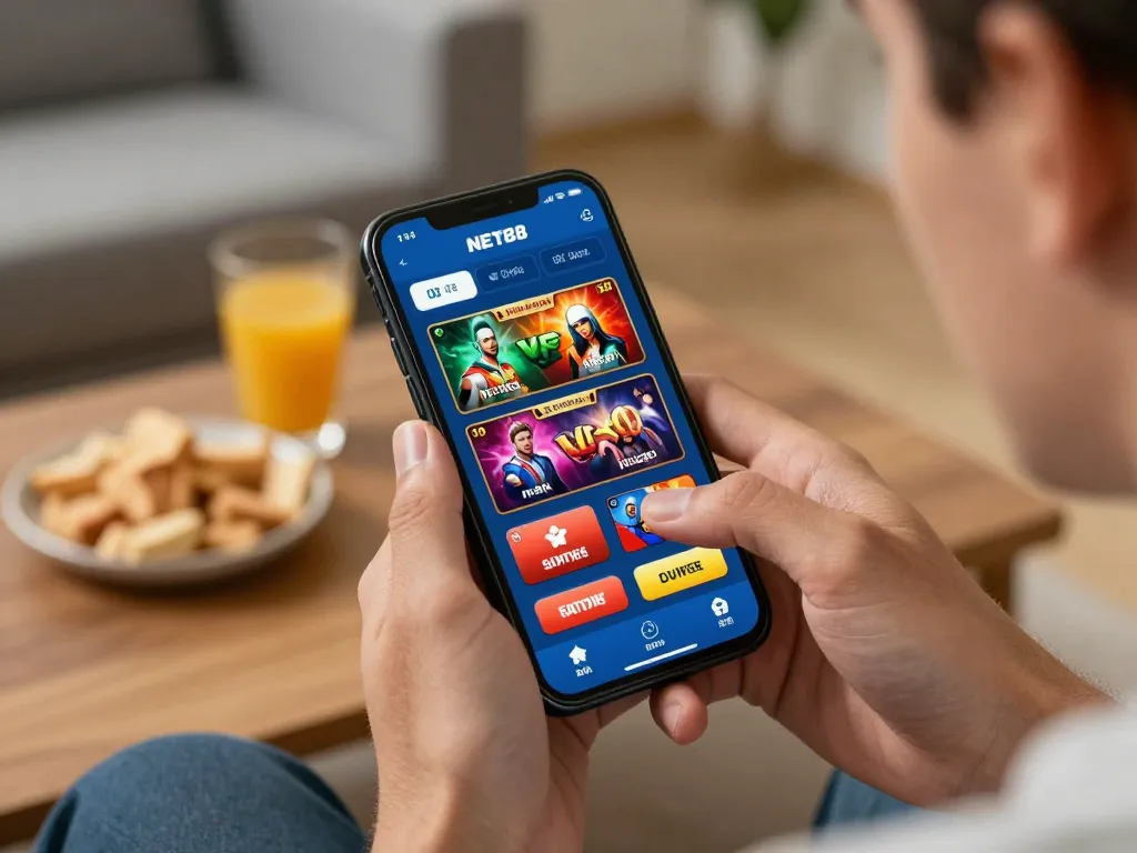 Player immerses in the NET88 mobile app for live betting and gaming in a cozy home setting.