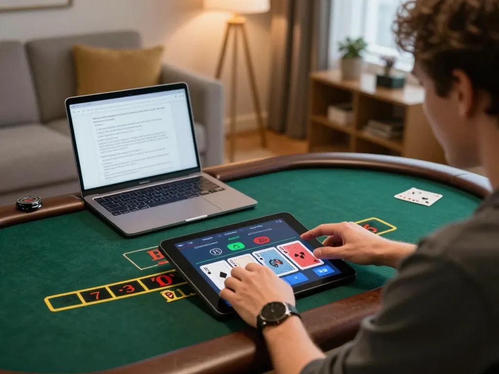 Player engaging with debet live dealer blackjack game on tablet, showcasing online gaming excitement.