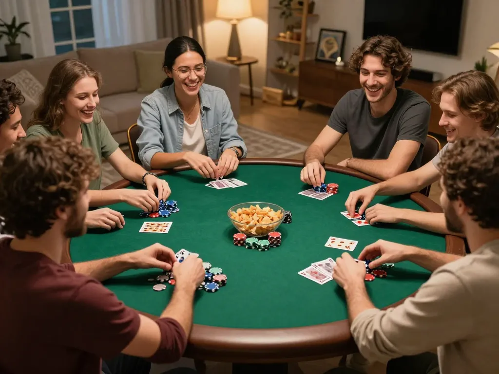VIN88 home poker night with friends enjoying lively gameplay and strategy discussion.