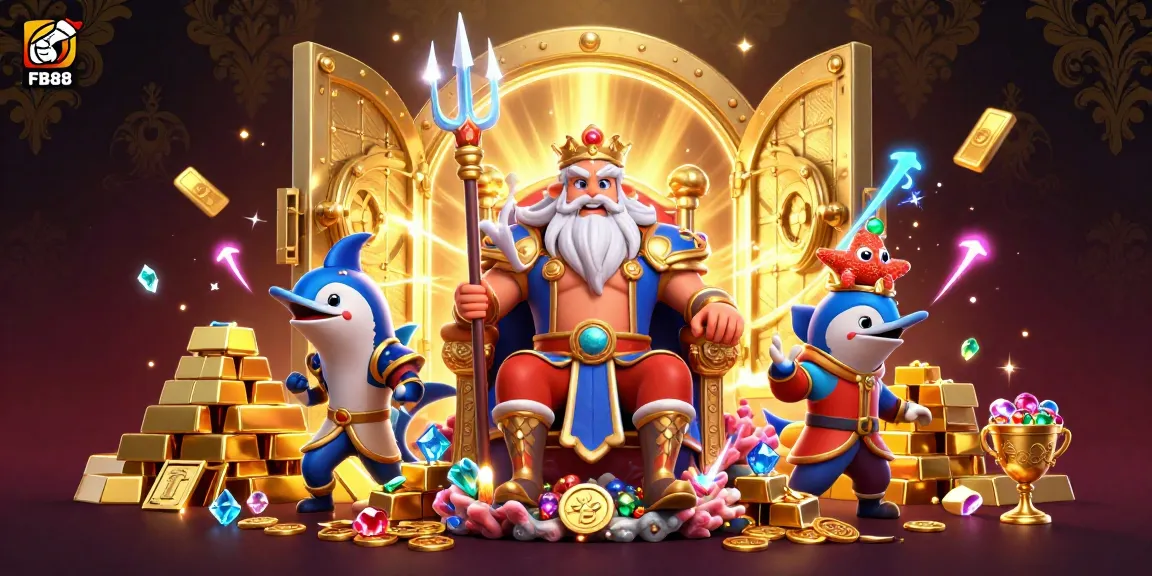 Experience the thrilling realm of FB88 casino with Neptune and treasures in a vibrant underwater scene.