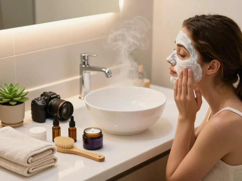 Aplicarea măștii faciale într-o baie confortabilă cu produse de înfrumusețare și o atmosferă relaxantă.