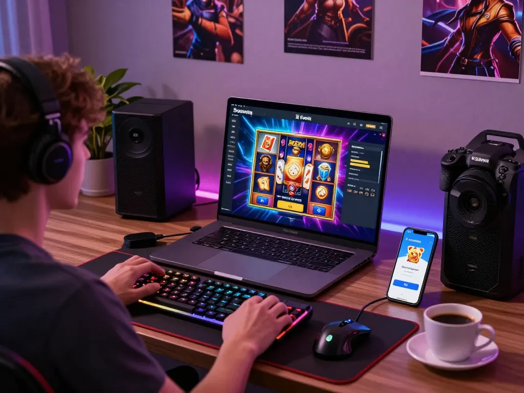Engaging scene of a user tải sunwin gaming platform in a stylish home office with vibrant gaming graphics on the screen.