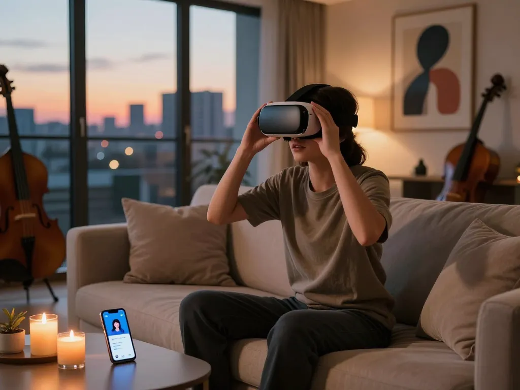 Engaging user with sex ai in a modern lounge setting, showcasing VR interactions and ambient lighting.