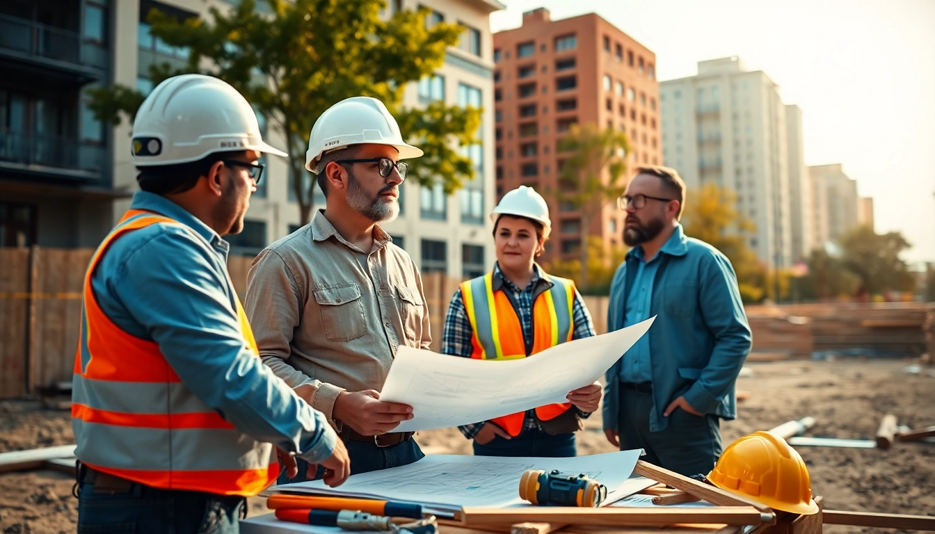 New Jersey General Contractor discussing blueprints on a construction site with clients.