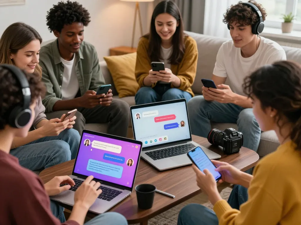 Interactive nsfw chat ai platform showing diverse users engaging in adult conversations on various devices.