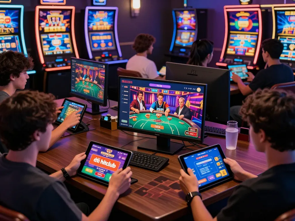 Engaging scene of players enjoying games on devices with tải hitclub displayed, highlighting online gaming excitement.