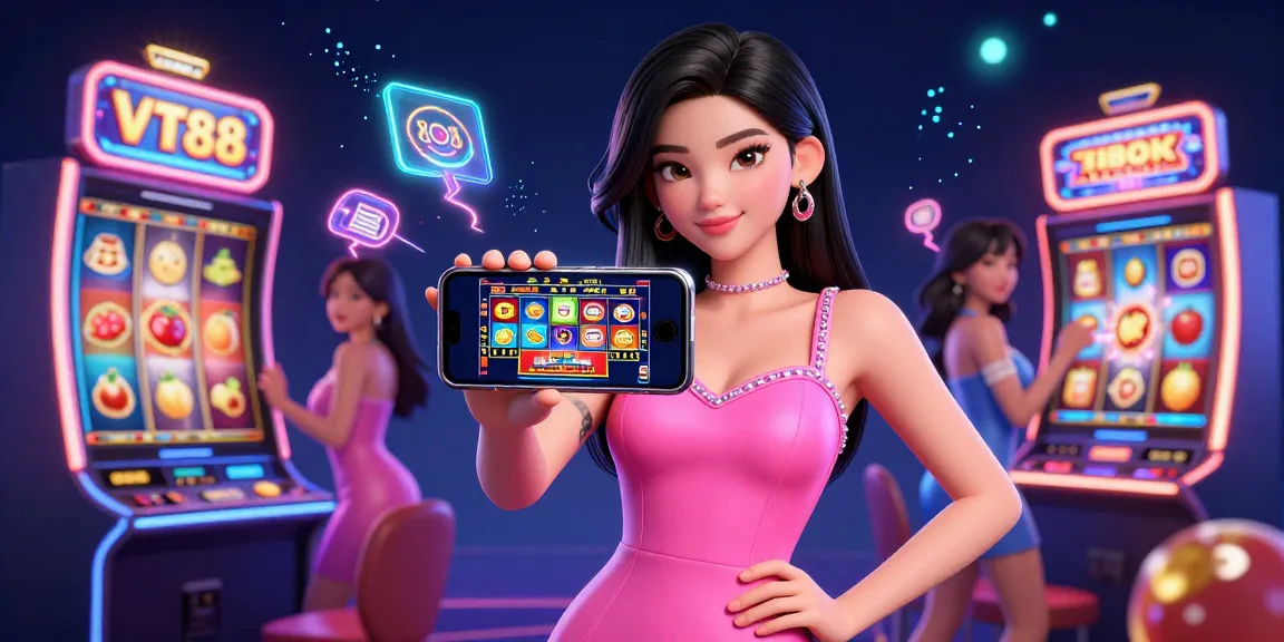 Engage with VT88's exciting live dealer casino game displayed on a smartphone, showcasing vibrant slot machines and interactive gaming elements.