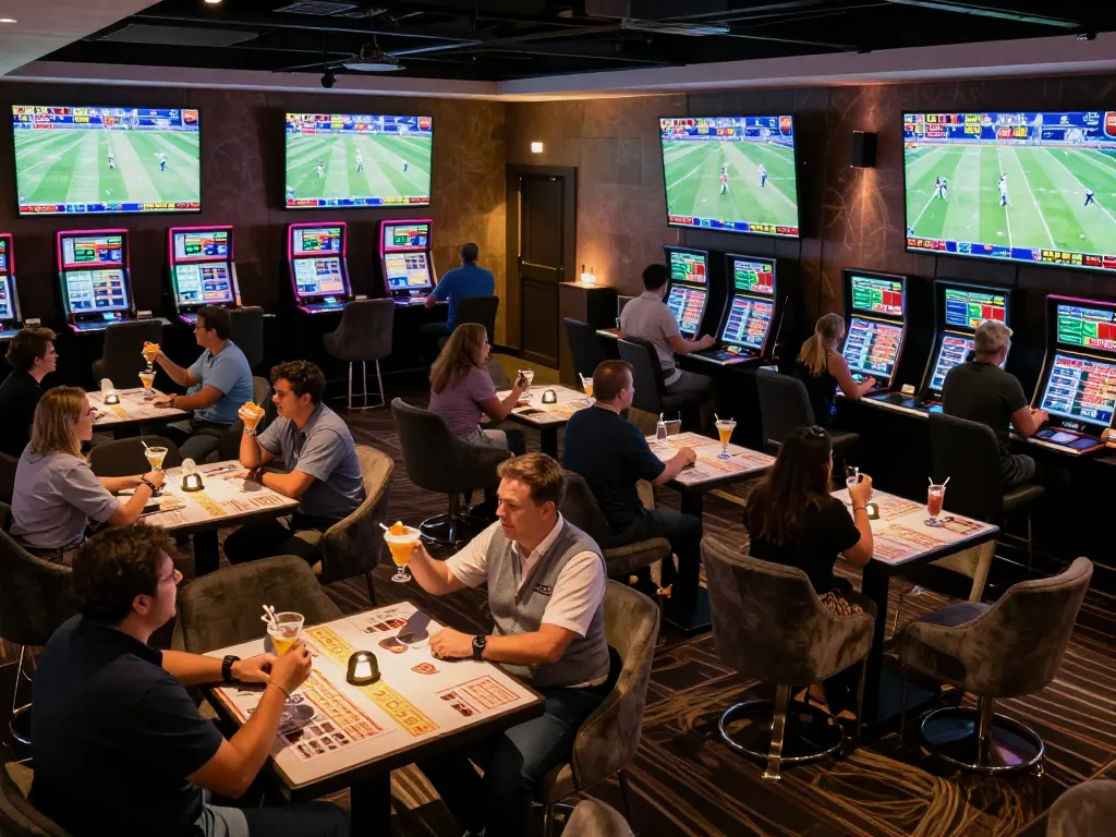 five88 sports betting lounge with excited patrons placing bets and enjoying the ambiance