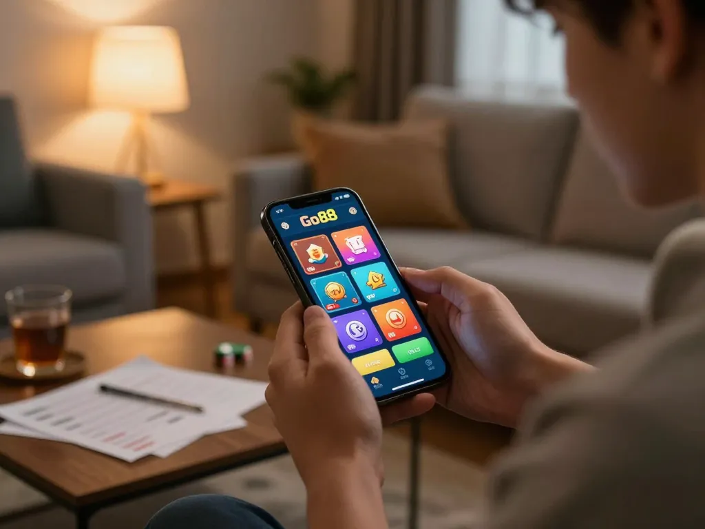 Engaged Go88 player using casino app on smartphone in a cozy setting, showcasing online gambling entertainment.