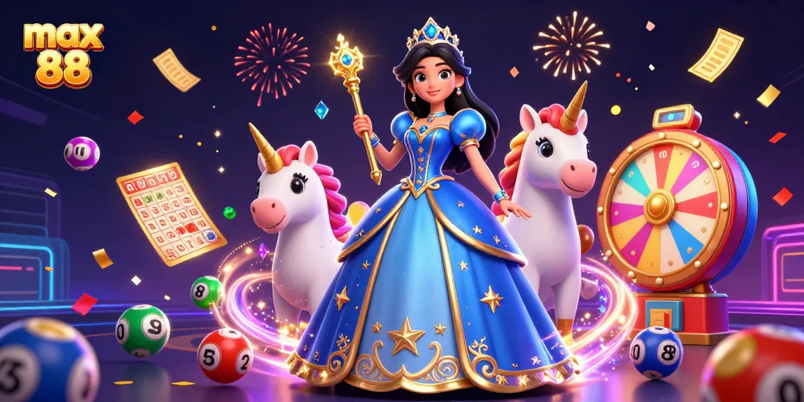 Engage with max 88 through an enchanting digital casino scene overflowing with vibrant game elements.