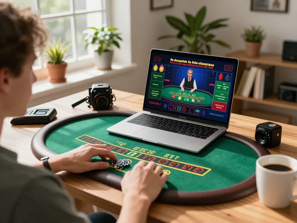 Engaged player enjoying live blackjack action on 23win from home setup with cozy ambiance.