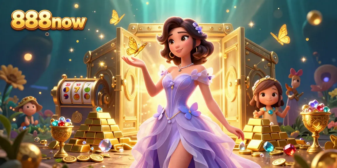 Experience the thrill of 888now casino with gold treasures and captivating characters in an enchanting scene.