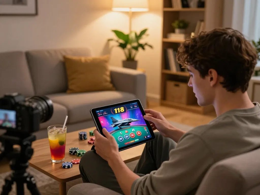 Engaged player enjoying f168 casino app on tablet in a cozy home setting.