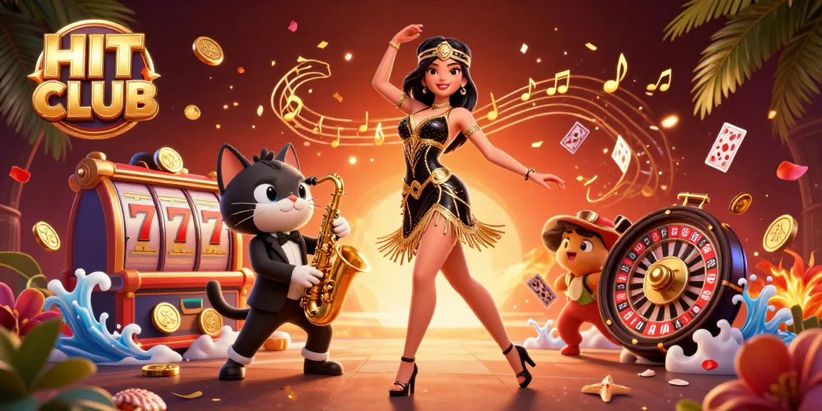 Experience winning moments at HIT CLUB with thrilling slot reels and festive graphics capturing the casino excitement.