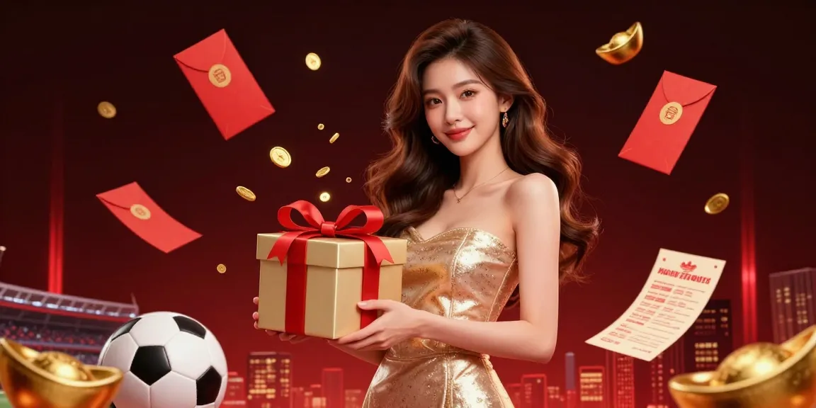 Join the action with ok9 as a stunning Asian woman welcomes sports bettors with golden coins in a festive casino.