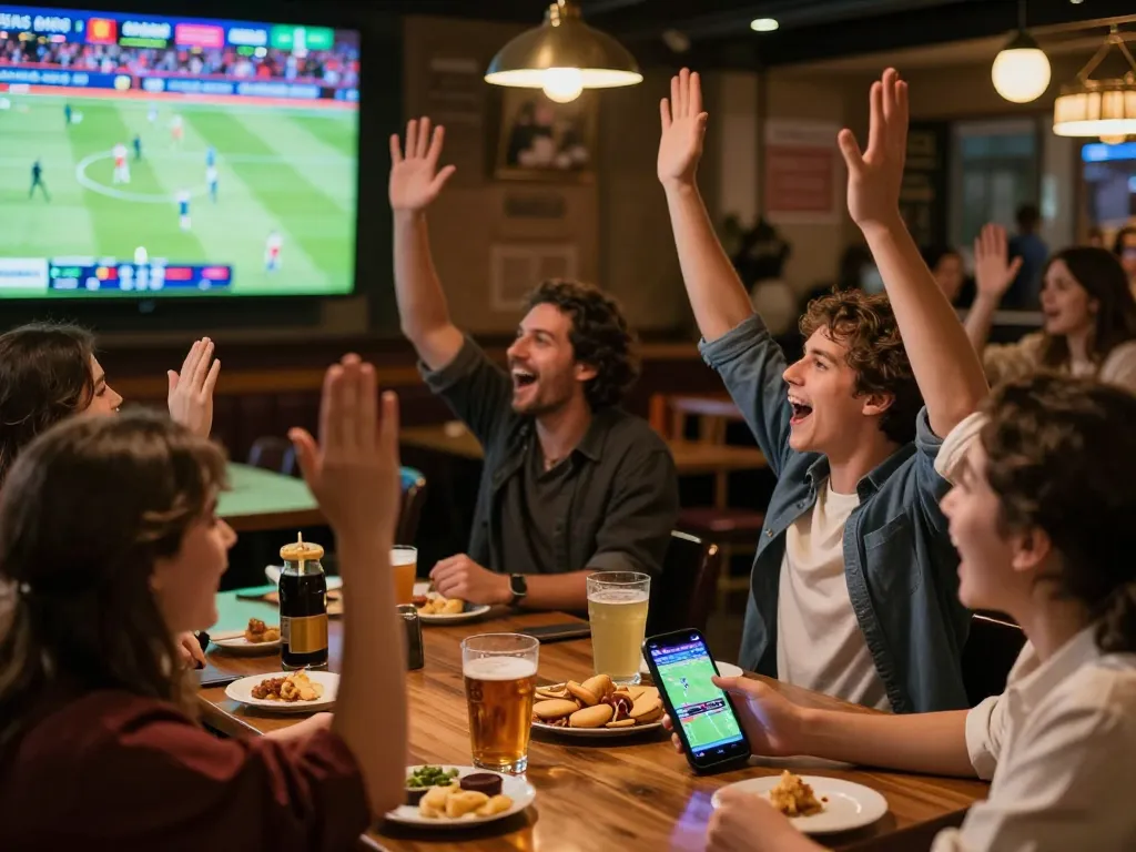Friends enjoying sports betting excitement at a lively bar while placing uu88 bet on their favorite team.