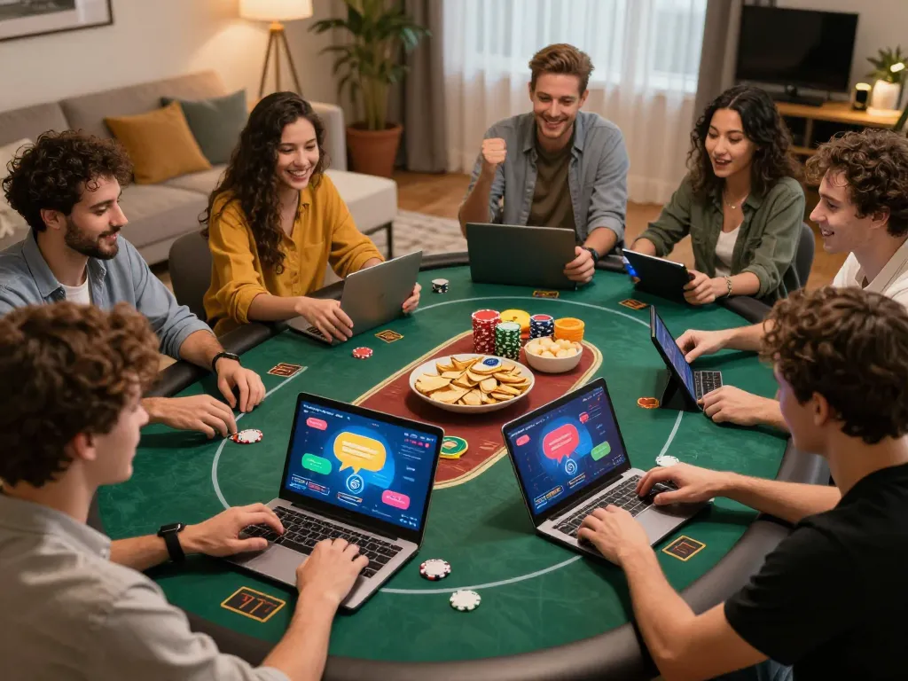 Engaging friends play lucky88 online poker from home, celebrating strategic wins.