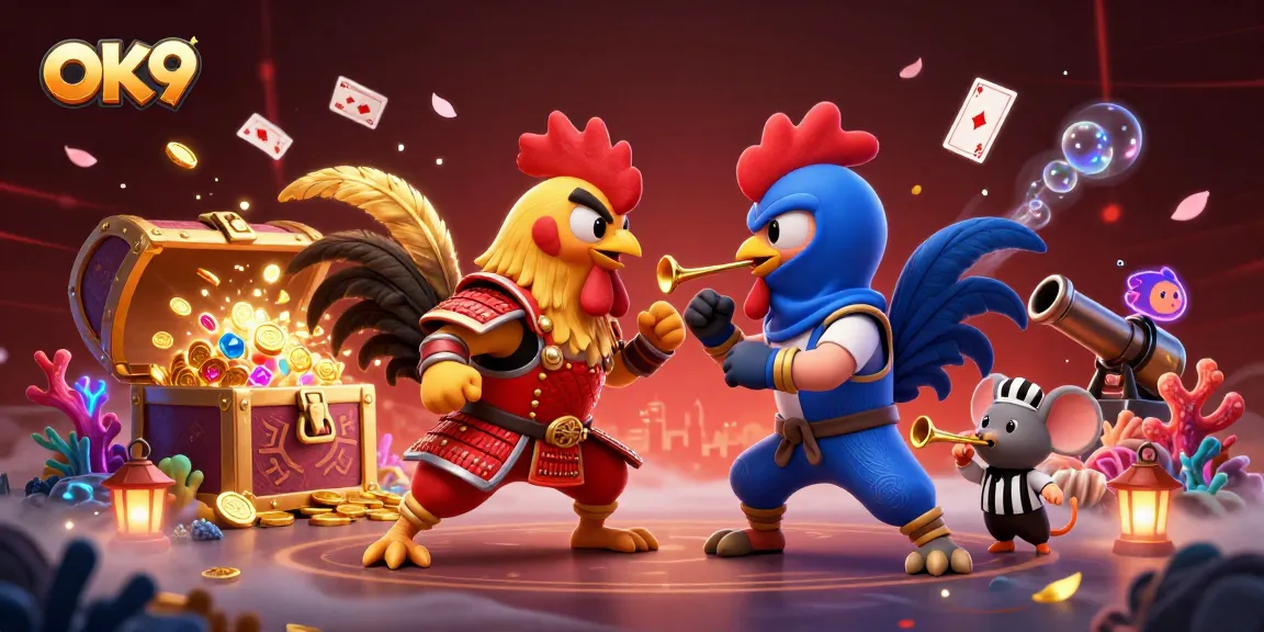 Engage with OK9's thrilling 3D casino scene featuring dynamic rooster fighters and vibrant gambling elements.