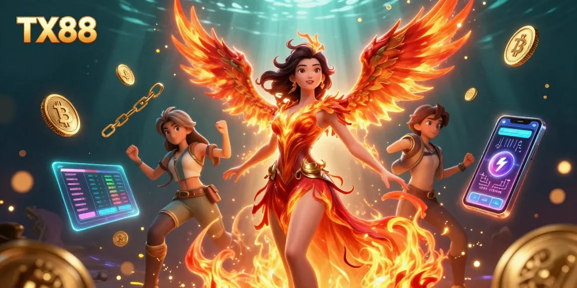 Experience thrilling gaming action with TX88, featuring a fiery phoenix and vibrant crypto elements in a captivating casino scene.
