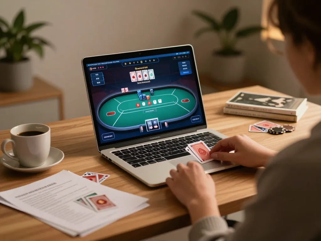 Player enjoying a strategic online poker session at TG88 with notes and a laptop.