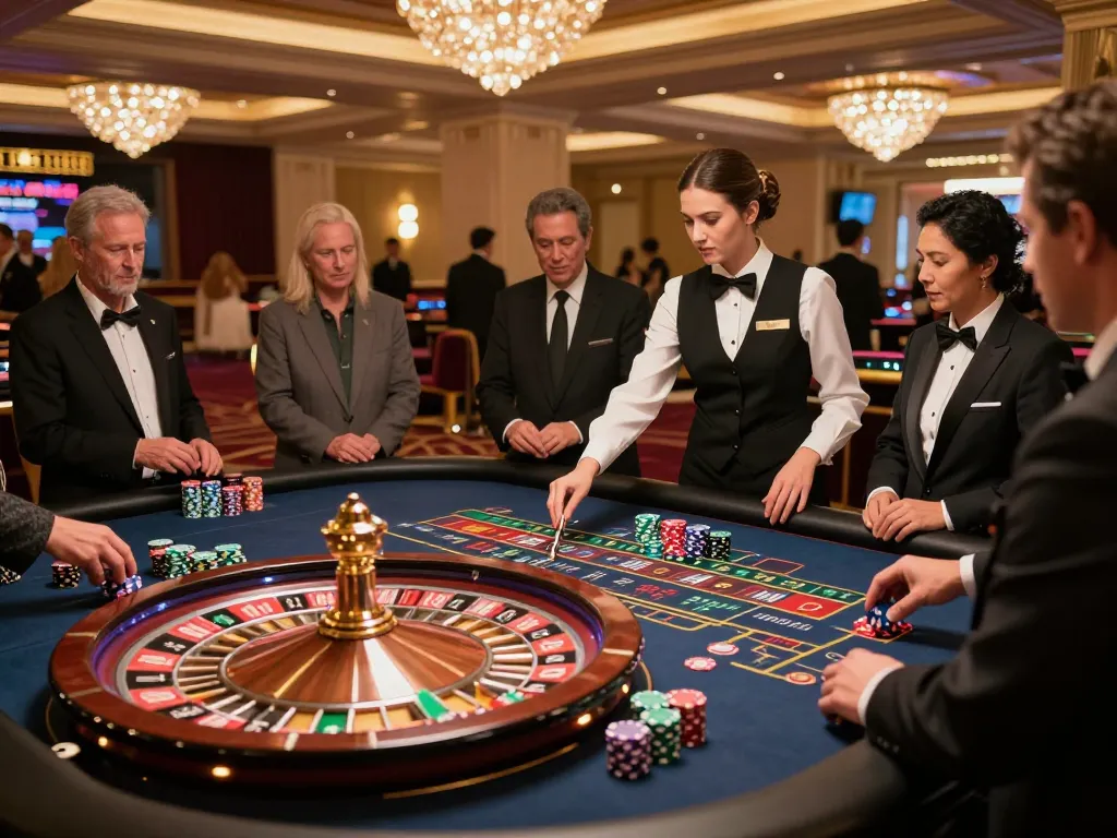 MAY88 players placing bets at an exciting roulette table in an upscale casino.