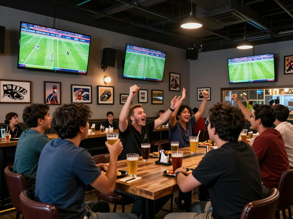 Xoilac fans celebrate during live football match at a lively sports bar, showcasing excitement and camaraderie.
