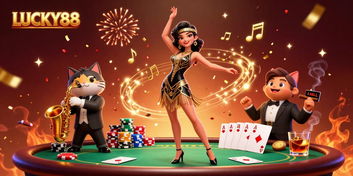 Engage with LUCKY88's vibrant casino scene featuring a dancing woman, saxophone-playing cat, and rich poker elements.