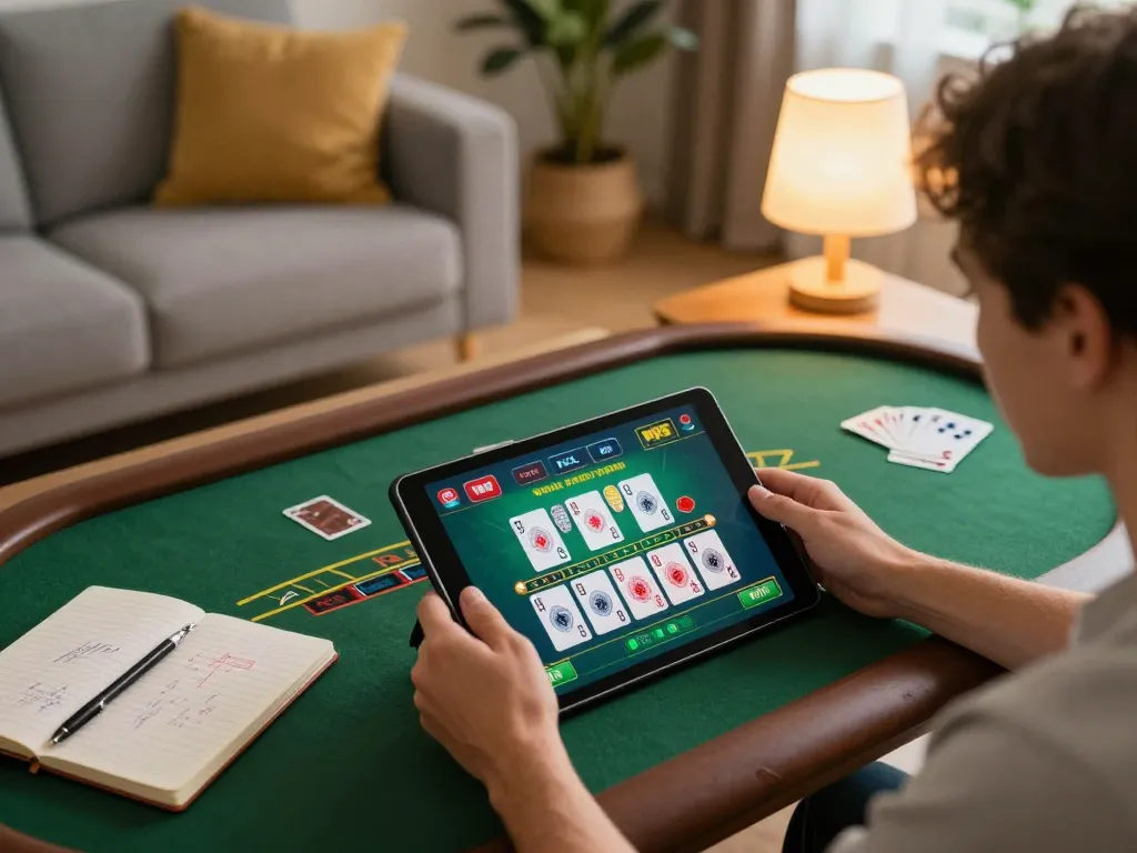 Engaging online gaming experience at nhà cái au88 with gambling strategy notes and tablet display