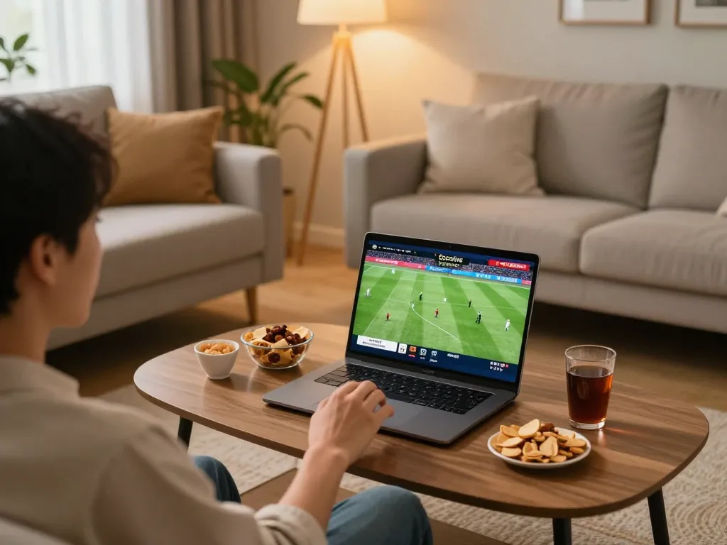Socolive streaming football on laptop in cozy home setup with snacks and drinks
