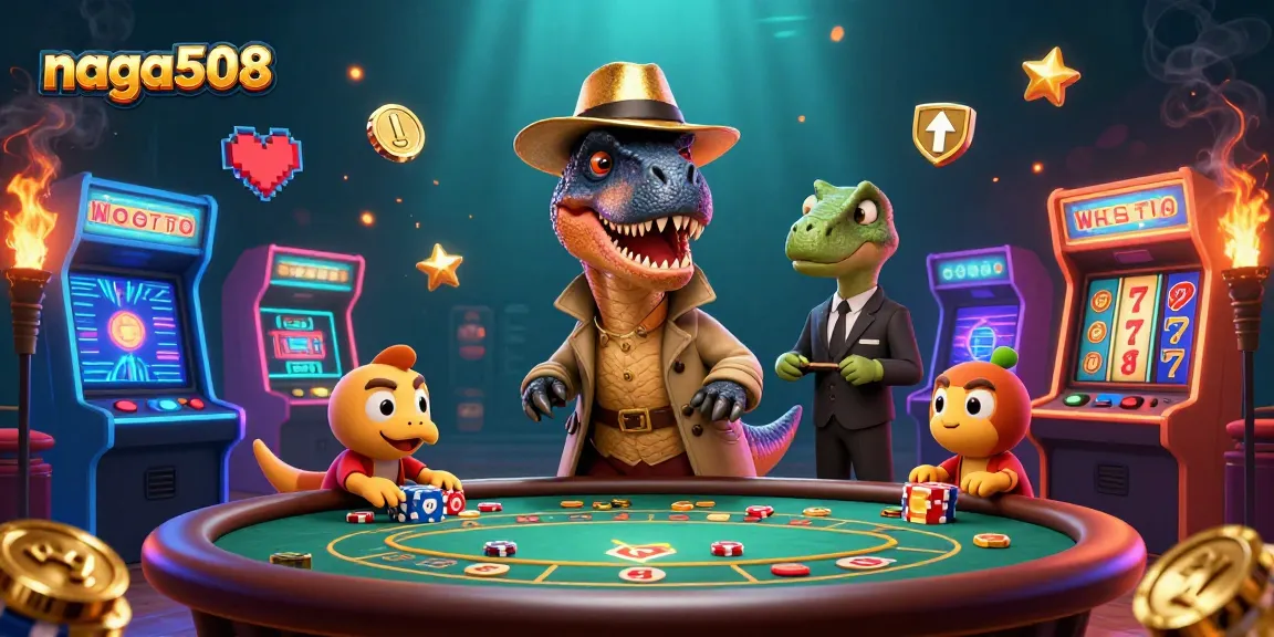Counters and dinosaurs play at a casino table, highlighting the excitement of naga508 slots and gaming.