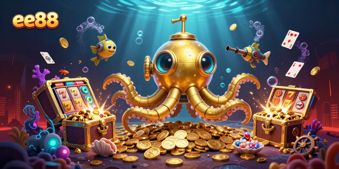 Experience thrilling games at ee88 with a vibrant underwater scene, featuring a golden kraken and dynamic slot reels.