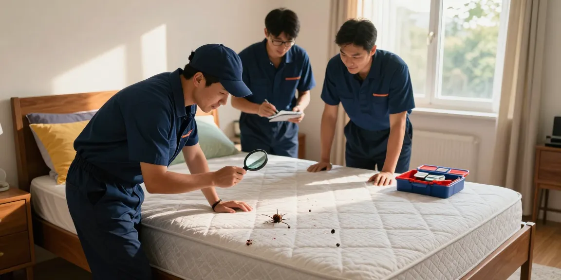 Bed bug exterminator team conducting inspection in a clean bedroom.